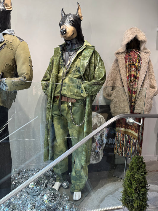 Dark Denim Pants - Green Splatter