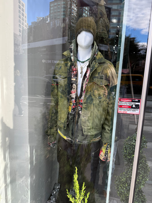 Dark Denim Jacket - Green Splatter