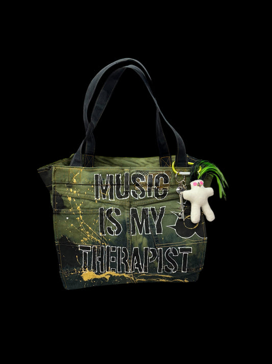 Music is My Therapist -Vintage Green Denim Tote